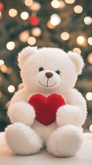 A fluffy teddy bear holds a bright red heart, set against a softly blurred Valentine&rsquo;s Day-themed background, creating a warm, romantic, and affectionate atmosphere.