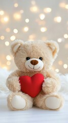A fluffy teddy bear holds a bright red heart, set against a softly blurred Valentine’s Day-themed background, creating a warm, romantic, and affectionate atmosphere.