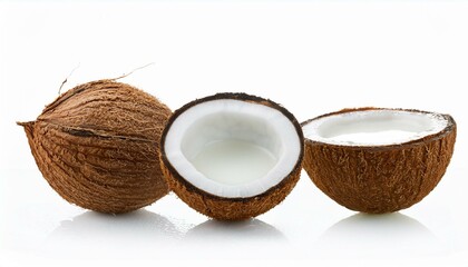 Fresh coconuts, whole and halved, showcasing creamy white flesh and coconut water.
