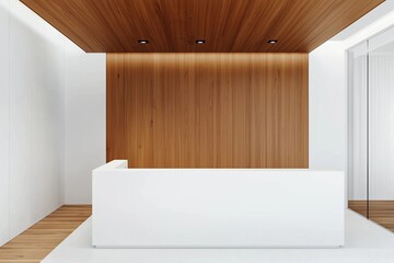 Fototapeta premium Reception with white desk, wood-paneled wall.