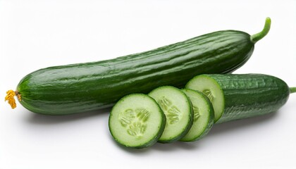 Fresh green cucumbers, sliced and whole.