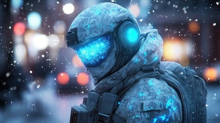 Futuristic Soldier in Snowy Cityscape