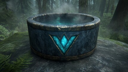 Fototapeta premium Ancient Ritualistic Bowl in Misty Forest Setting