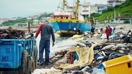 Workers collect debris from the beach while a large fishing boat is docked nearby