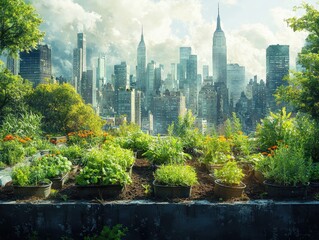 Fototapeta premium Rooftop garden flourishing amidst a vibrant city skyline.