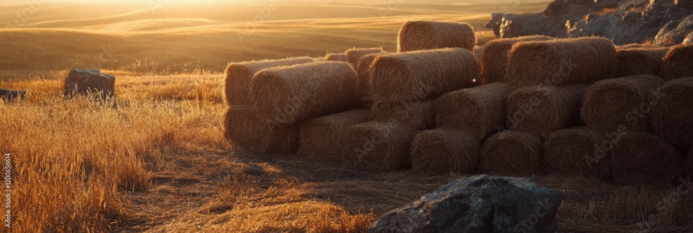Poster golden sunlight illuminates hay bales stacked in an open field at dusk highlighting natures tranquil