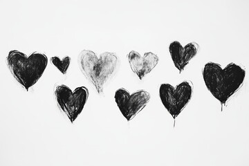 Charcoal hearts scattered on white background.