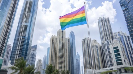 A colorful pride flag flutters proudly in front of high-rise buildings on a sunny day