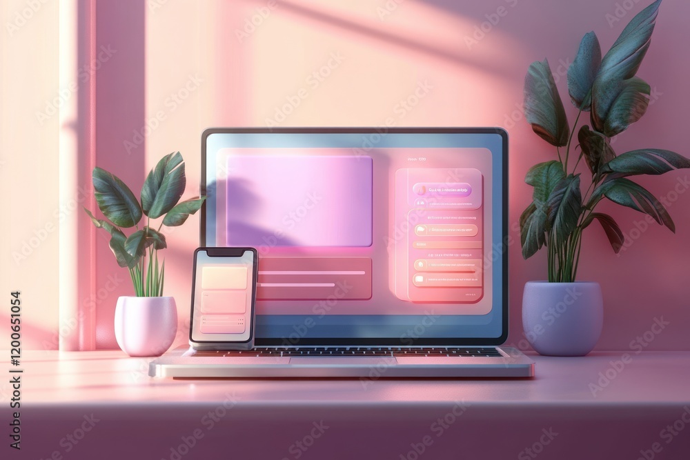 Poster web development digital device scene with laptop and smartphone in vibrant ui elements and pastel co