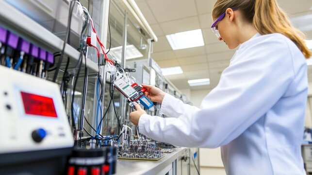 A woman in a lab coat works with measurement tools and electrical devices in a modern laboratory
