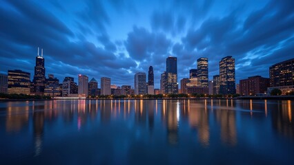Obraz premium Dusk embraces the Chicago skyline, silhouetted against a deep blue sky dotted with majestic puffy clouds, viewed from across the shimmering Chicago River. 