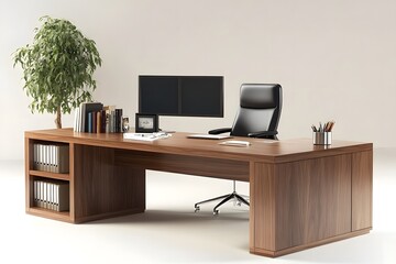compact and efficient home office layout with a large wooden desk, an ergonomic office chair, and a monitor setup