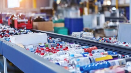 Fototapeta premium Bottles are moving along a conveyor belt at a recycling center, with workers sorting materials