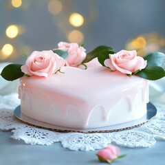 A valentine day heart-shaped cake in pastel pink, decorated with delicate buttercream roses, placed elegantly on a lace doily, with a soft, blurred background enhancing its charm.