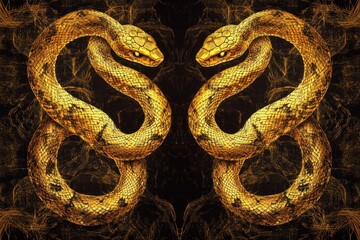 Obraz premium Two Golden Snakes Mirrored in a Dark Abstract Background