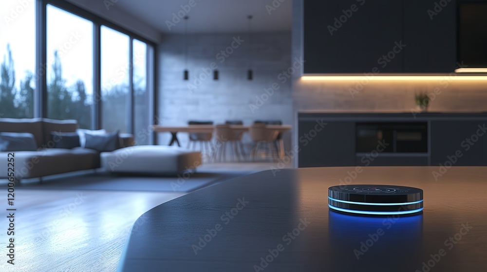 Poster futuristic idea for a smart home device that integrates ai for managing energy consumption efficient