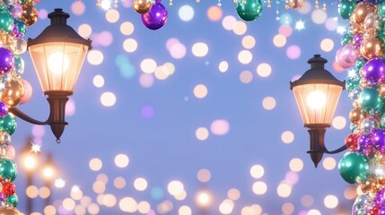 A festive lamppost, draped in beads and colorful streamers, adds to the lively Mardi Gras celebration, enhancing the joyous and energetic atmosphere of the event.