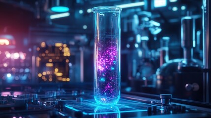 futuristic test tube containing a glowing, holographic substance, set against a high-tech lab background
