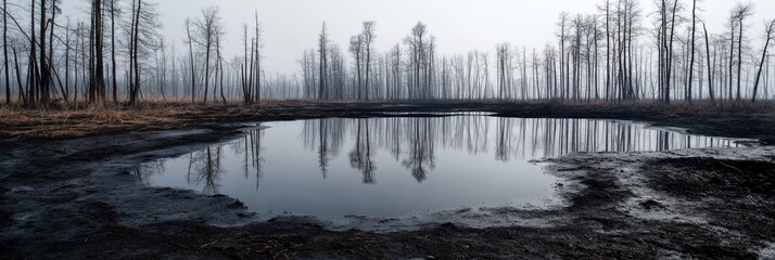 Obraz premium Eerie oil lake surrounded by barren trees in a desolate landscape with a haunting atmosphere. Generative AI