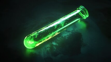 Naklejka premium glowing green test tube held against a dark background, evoking themes of mystery and discovery