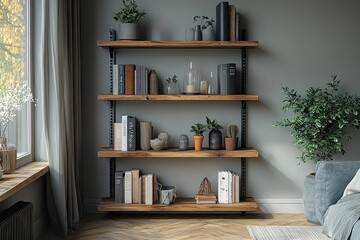 Modern rustic industrial-style bookcase with black metal frame and light wood shelves, Scandinavian design living room, white background.