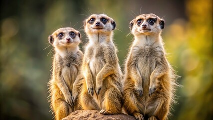 Fototapeta premium Four Agile Meerkats in Various Poses on Isolated White Background - Curious Nature and Playful Behavior Captured with Rule of Thirds for Stunning Visual Impact