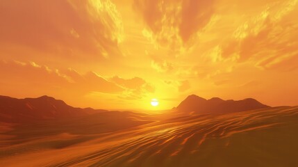 Obraz premium golden sunset on a desert horizon, with the sun sinking behind the dunes, casting long shadows and creating a dramatic, fiery sky