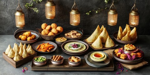 Vibrant Display of Middle Eastern Cuisine with Decorative Lanterns and Rustic Ambiance