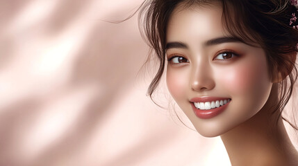 Naklejka premium Beautiful young Asian ethnic woman model looking back camera and smiling, with radiant, luminous, glowing skin and perfect makeup. 