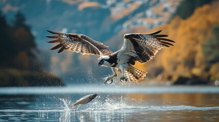Obraz premium Osprey catching fish, autumn lake, mountains