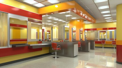 Modern salon interior with bright colors and styling stations.
