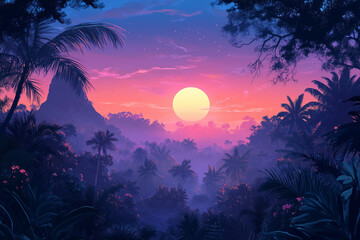 Peaks in Jungle Haze During Twilight for a Serene and Mystical Landscape View