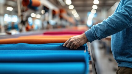 An individual inspects colorful fabrics on a production table in a textile factory