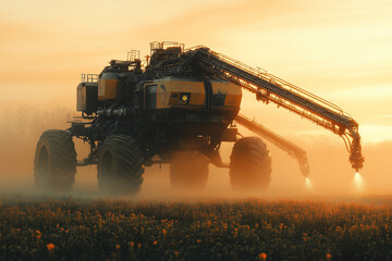 Fototapeta premium Boom Sprayer Applying Herbicides with Long Arms Reaching All Corners of the Field
