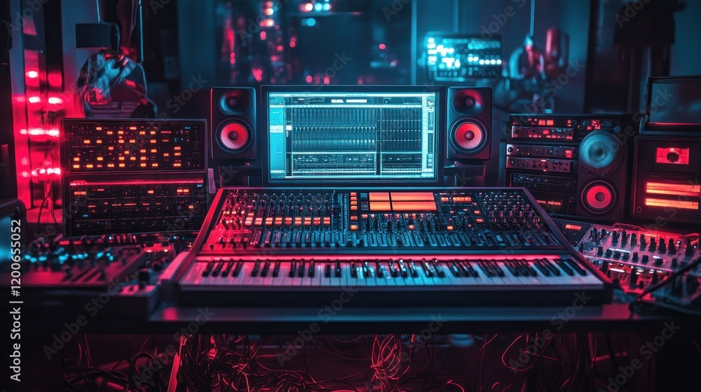 Poster neon music studio setup: professional recording console with synthesizers and monitors