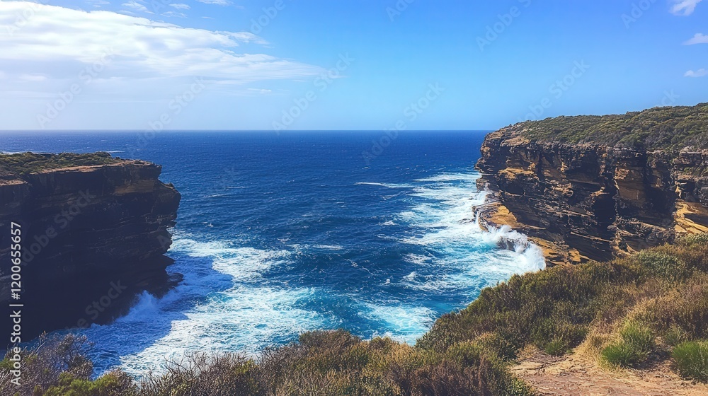 Poster high vantage point overlooking towering coastal cliffs, with waves crashing dramatically below and t