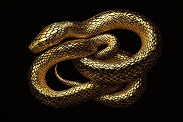 Fototapeta premium A Golden Snake Intricately Coiled On Black Background