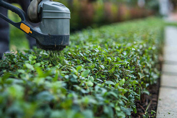 Fototapeta premium Weeder Removing Invasive Plants from Landscaped Area, Ensuring Healthy and Sustainable Outdoor Spaces