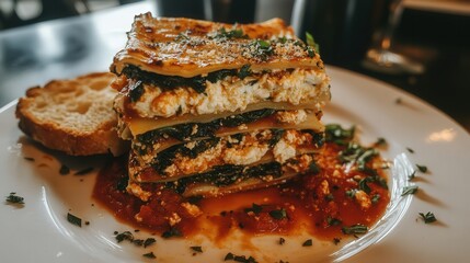 homemade vegetarian lasagna stacked with layers of pasta, ricotta cheese, spinach, and marinara sauce, served with a side of garlic bread