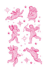 Pink cherub outlines and line art for Valentine's Day with cupid vector. Vector symbol of love and romantic. Antique Angel Baby Cupid illustration for printing on cards, invitations, tattoo