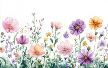 Vibrant Flower Garden with Colorful Blooms and Delicate Butterfly Watercolor Illustration