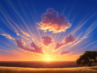 Obraz premium Sunset Over the Vast Savannah Cityscape - Urban landscape with Dusk Setting on Golden Grasslands and City Skyline in the Distance