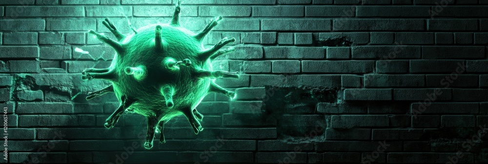 Poster Strong glowing wall effectively deflects viruses in a dark environment with illuminated textures and unique details. Generative AI