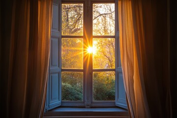 Fototapeta premium Sunrise through parted curtains, illuminating a window. Perfect for themes of hope, new beginnings, and tranquility.