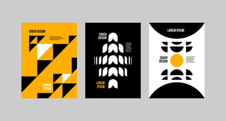 Abstract, modern, geometric white, black and yellow backgrounds influenced by Swiss style for posters, covers, prints, banners, layouts, seamless patterns