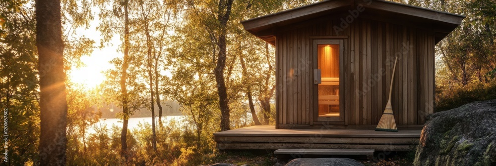 Poster sauna nestled in trees with warm sunset glow reflecting on wooden structure. generative ai