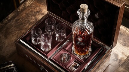 luxurious whiskey gift set with an elegant bottle of whiskey, a crystal decanter, and glasses, beautifully presented in a velvet-lined box