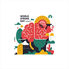 World stroke day with red Brain and world sign. abstract vector illustration design icon