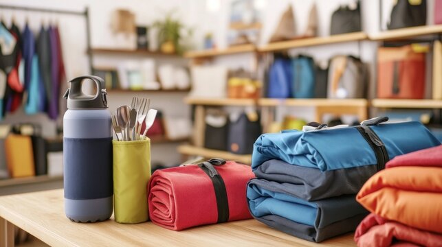 Various camping supplies, including bottles and rolled blankets, are neatly arranged for display