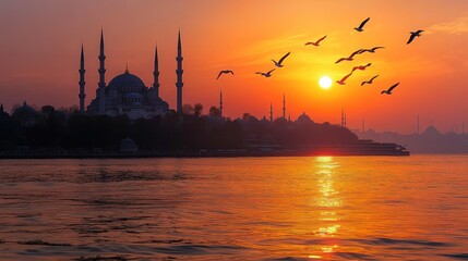 Fototapeta premium Sunset Mosque Istanbul Silhouette Birdscape Travel